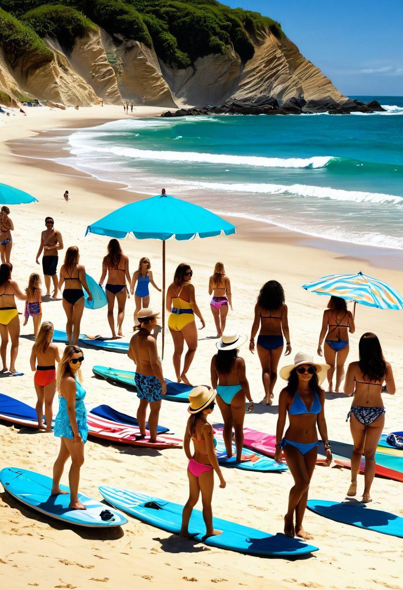 A vibrant beach scene showcasing stylish beach fashion, featuring a diverse group of people in colorful swimsuits, sarongs, and wide-brimmed hats, with surfboards in the background. Their joyful expressions capture the essence of summer fun, while the golden sand and turquoise waves enhance the mood. Include some beach accessories like sunglasses and flip-flops strewn about. super-realistic. vibrant colors. sunny atmosphere.